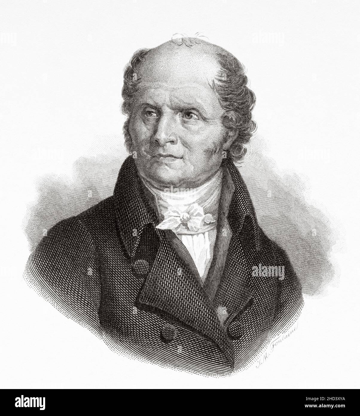 Christophe-Philippe Oberkampf (1738-1815) war ein französischer eingebürgerter deutscher Industrialist. Er wurde berühmt für die Gründung der königlichen Herstellung von bedruckten Baumwolle von Jouy-en-Josas, wo die Toile de Jouy hergestellt wurde. Frankreich. Europa. Alte gravierte Illustration aus dem 19th. Jahrhundert von Portraits et histoire des hommes utile von Societe Montyon et Franklin 1837 Stockfoto