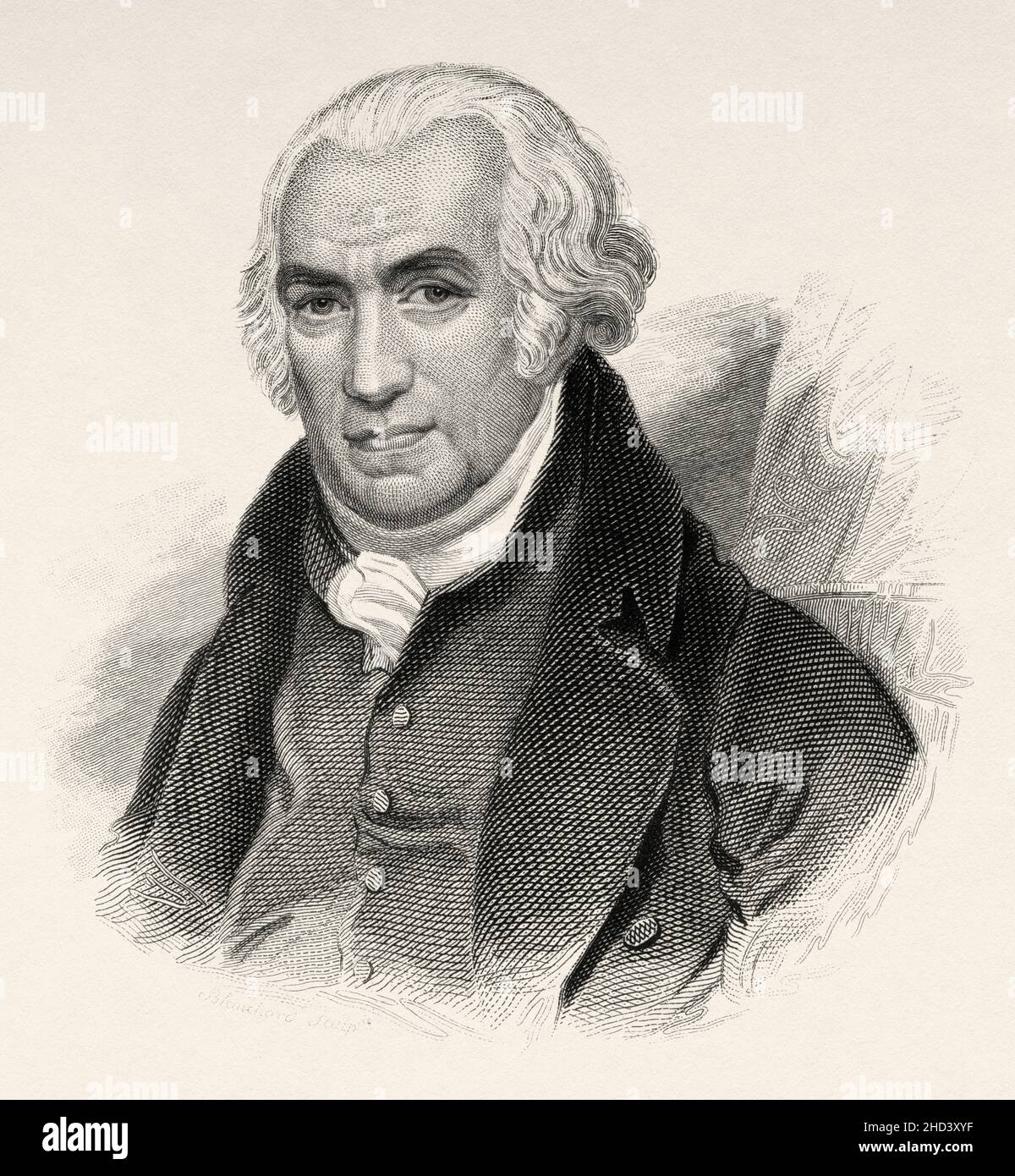James Watt (1736-1819) war ein schottischer Erfinder, Maschinenbauingenieur und Chemiker, der die Newcomen-Dampfmaschine 1776 mit seiner Watt-Dampfmaschine verbesserte, die durch die industrielle Revolution grundlegend war. Europa. Alte gravierte Illustration aus dem 19th. Jahrhundert von Portraits et histoire des hommes utile von Societe Montyon et Franklin 1837 Stockfoto
