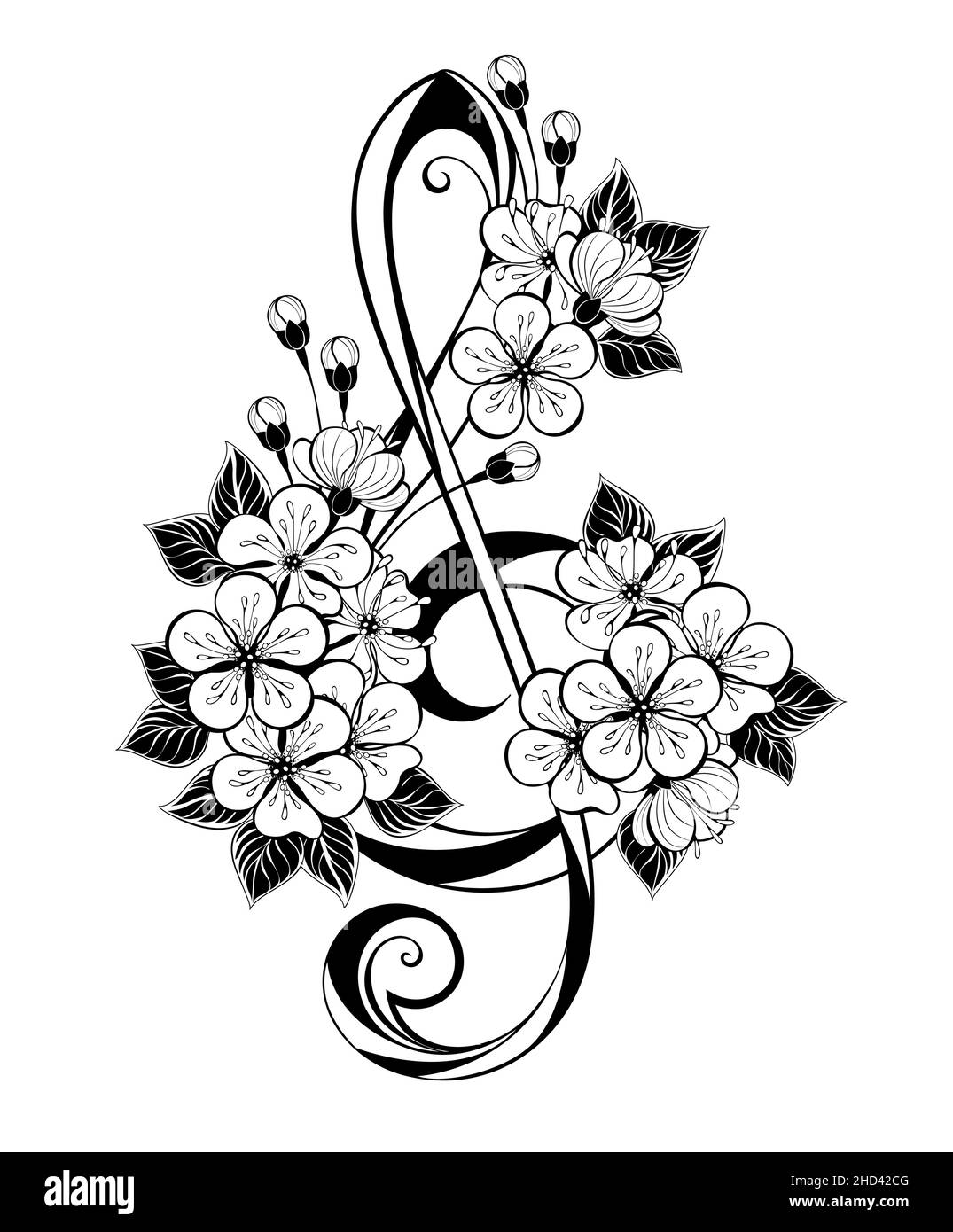 Schwarzer, konturierter Treble-Schlüssel mit kunstvollen, konturierten japanischen Kirschblüten auf weißem Hintergrund. Konturzug Sakura. Stock Vektor