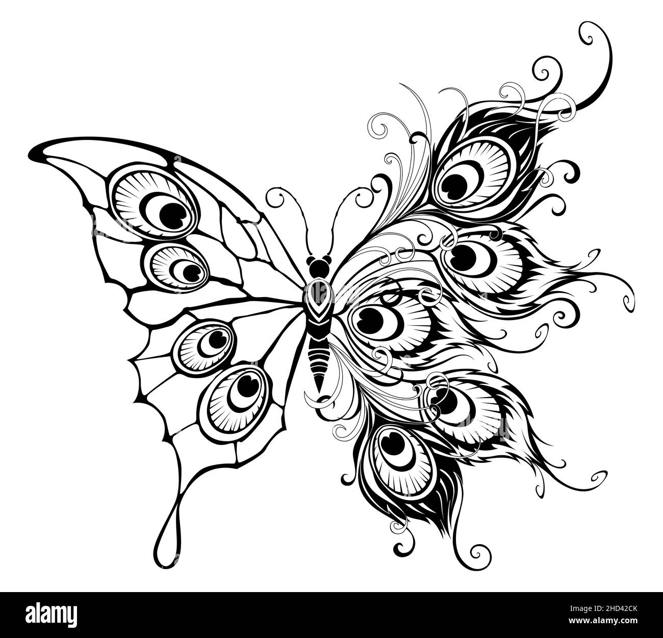 Künstlerisch gezeichnet, konturiert, isoliert, ungewöhnlicher Pfauenschmetterling, mit Flügeln verziert mit Pfauenfedern.Schmetterling Tattoo-Stil. Stock Vektor