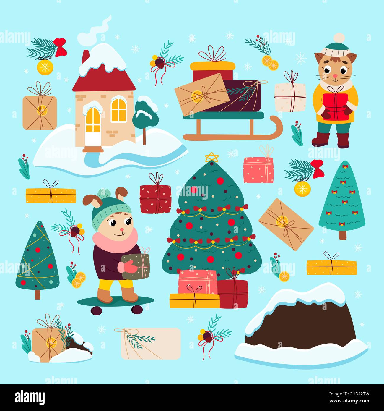 Niedliches Weihnachts-Set mit Hase und Katze. Vektor-Illustration in Karton flach Stil Stock Vektor
