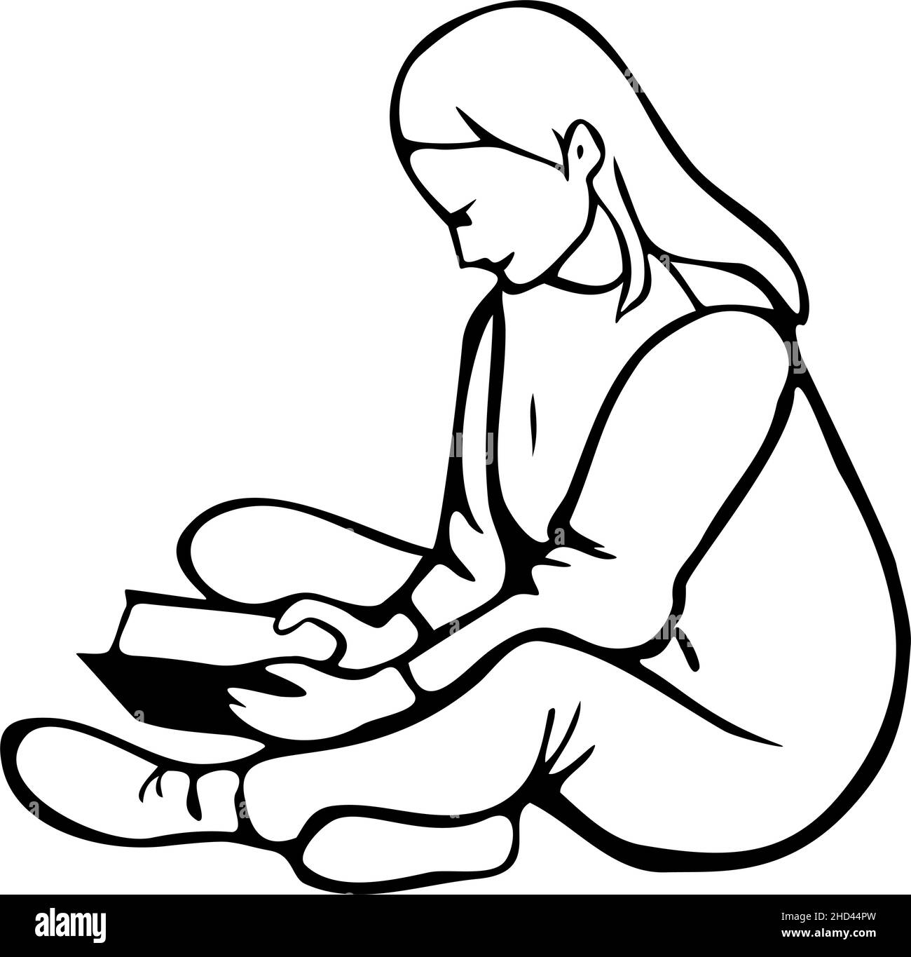 Vektor-Illustration der lesenden Frau. Mädchen sitzt mit Buch. Stock Vektor