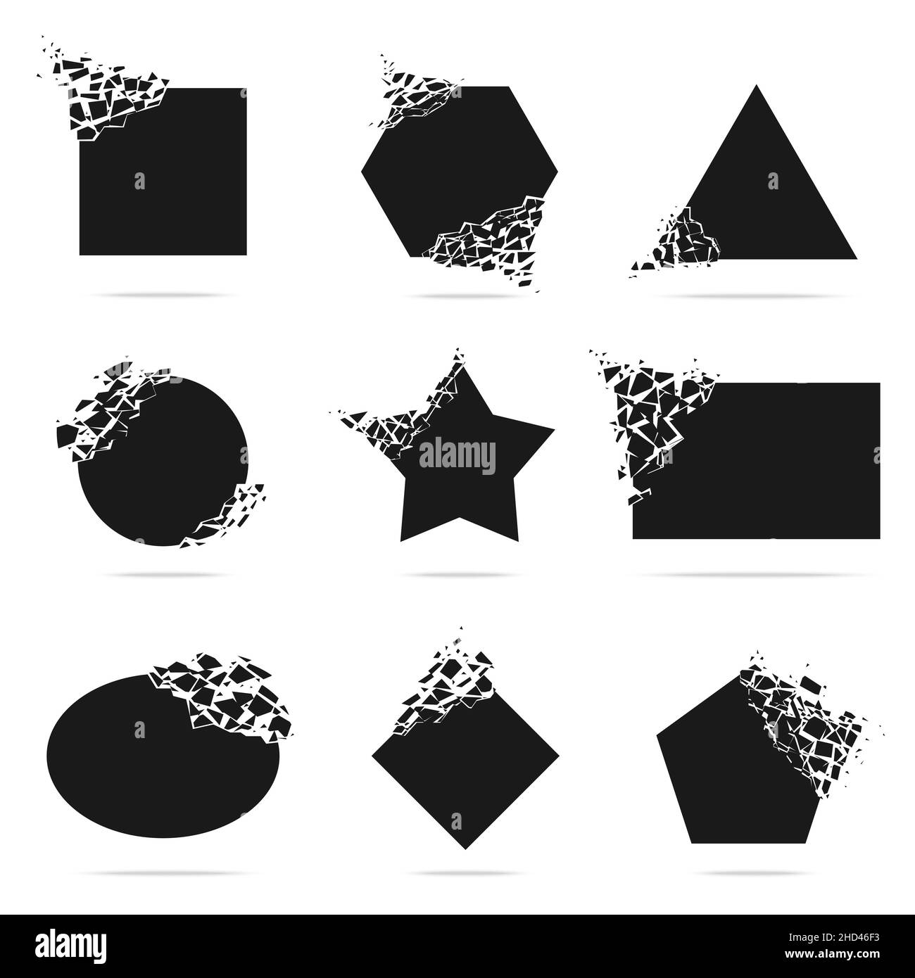Formexplosion. Destruktive Formen, zersplitterendes Dreieck, quadratisch, rund. Isolierte Trümmer, Bewegungsriß oder geometrische schwarze Bruchelemente, neuer Vektor Stock Vektor