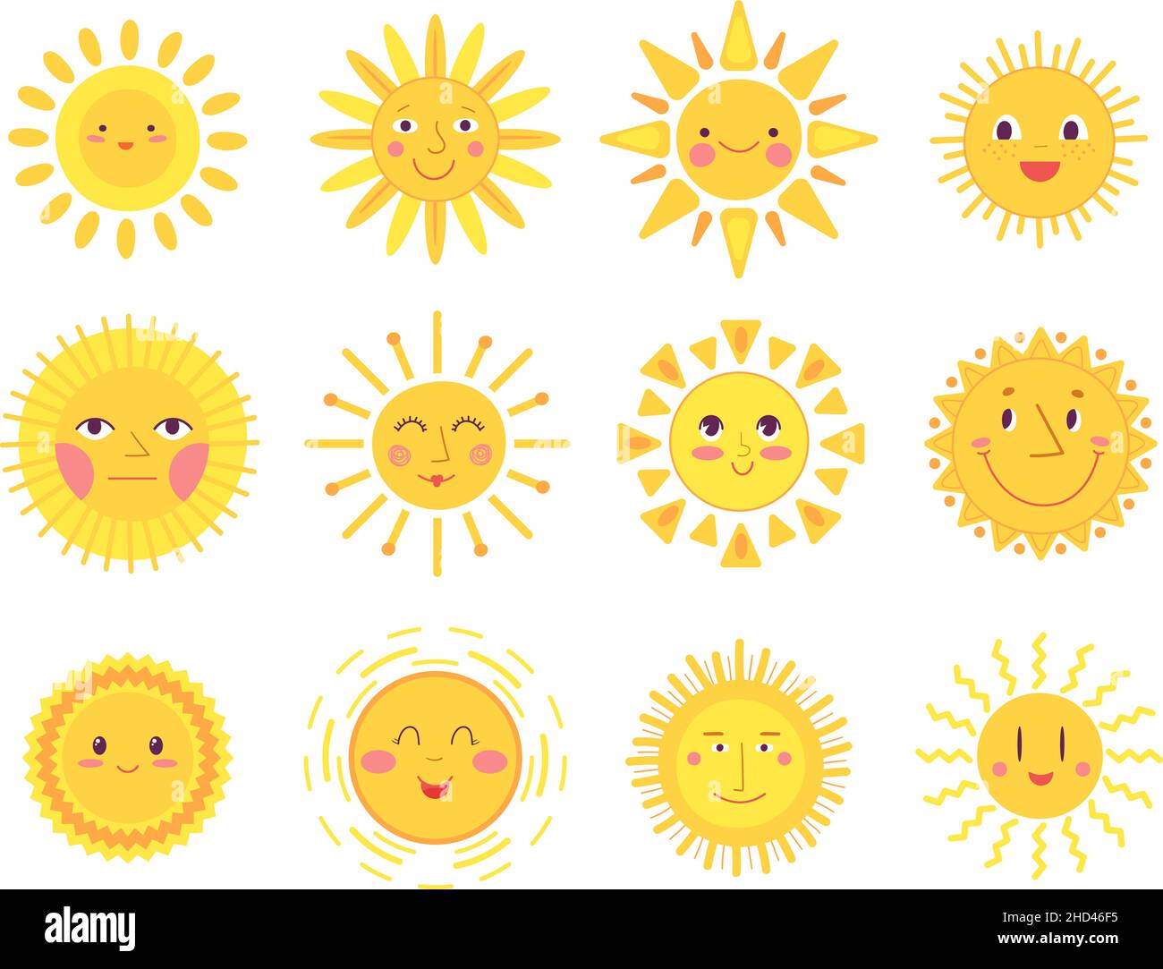 Niedliche Sonnengesichter. Glück Freude Sonnen, isoliert Baby Sonnenschein Elemente. Lustige lächelnde Morgen Symbole, skandinavischen Stil Sommer anständigen Vektor-Set Stock Vektor