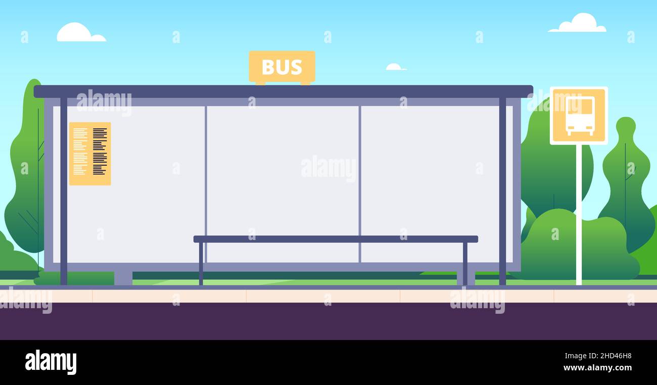 Bushaltestelle. Städtisches Konzept des öffentlichen Nahverkehrs. Leerer Halt im Dorf oder in der Stadt. Warteplatz für Menschen, Vektorgrafik Stock Vektor