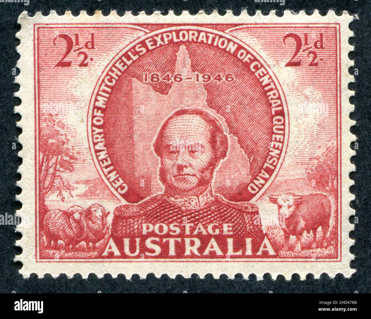 A 1946 Issue 2 1/2D Australische Briefmarke zum Gedenken an den 100. Jahrestag von Sir Thomas Mitchells Erkundung von Central Queensland, Australien. Der Stempel wurde von Frank D. Manley entworfen und graviert. Stockfoto