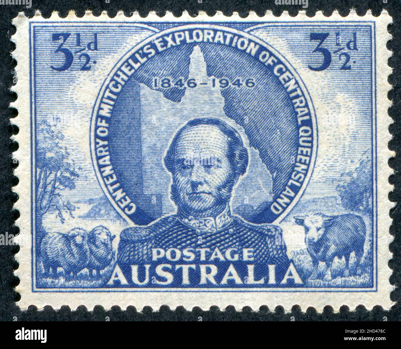 A 1946 Issue 3 1/2D Australische Briefmarke zum Gedenken an den 100. Jahrestag von Sir Thomas Mitchells Erkundung von Central Queensland, Australien. Der Stempel wurde von Frank D. Manley entworfen und graviert. Stockfoto
