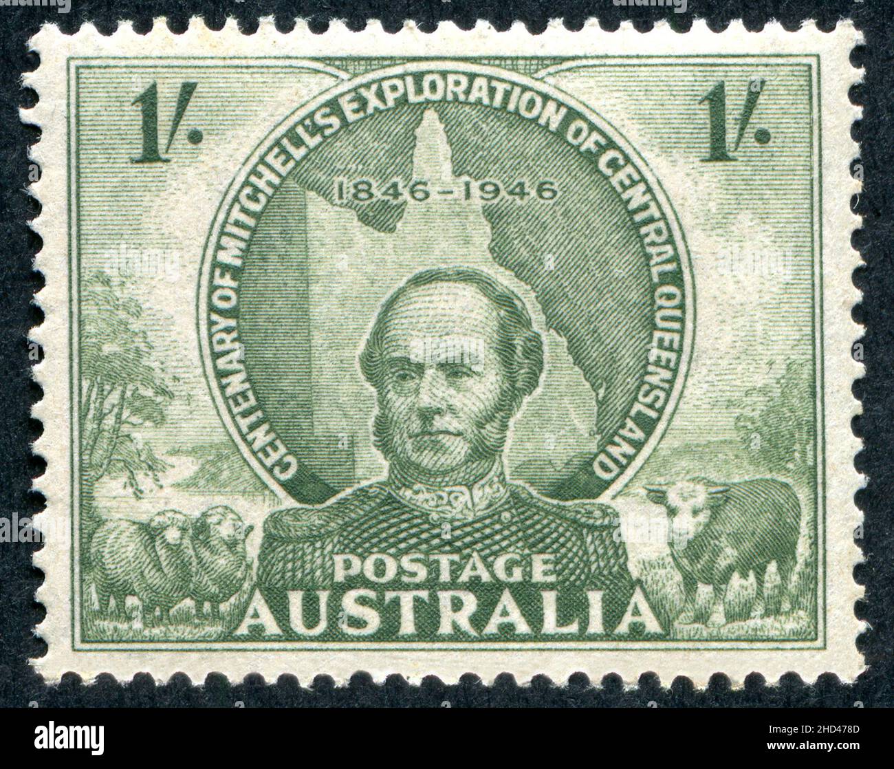 Eine 1946 Ausgabe 1/- Australische Briefmarke zum Gedenken an den 100. Jahrestag der Erkundung von Sir Thomas Mitchell in Central Queensland, Australien. Der Stempel wurde von Frank D. Manley entworfen und graviert. Stockfoto