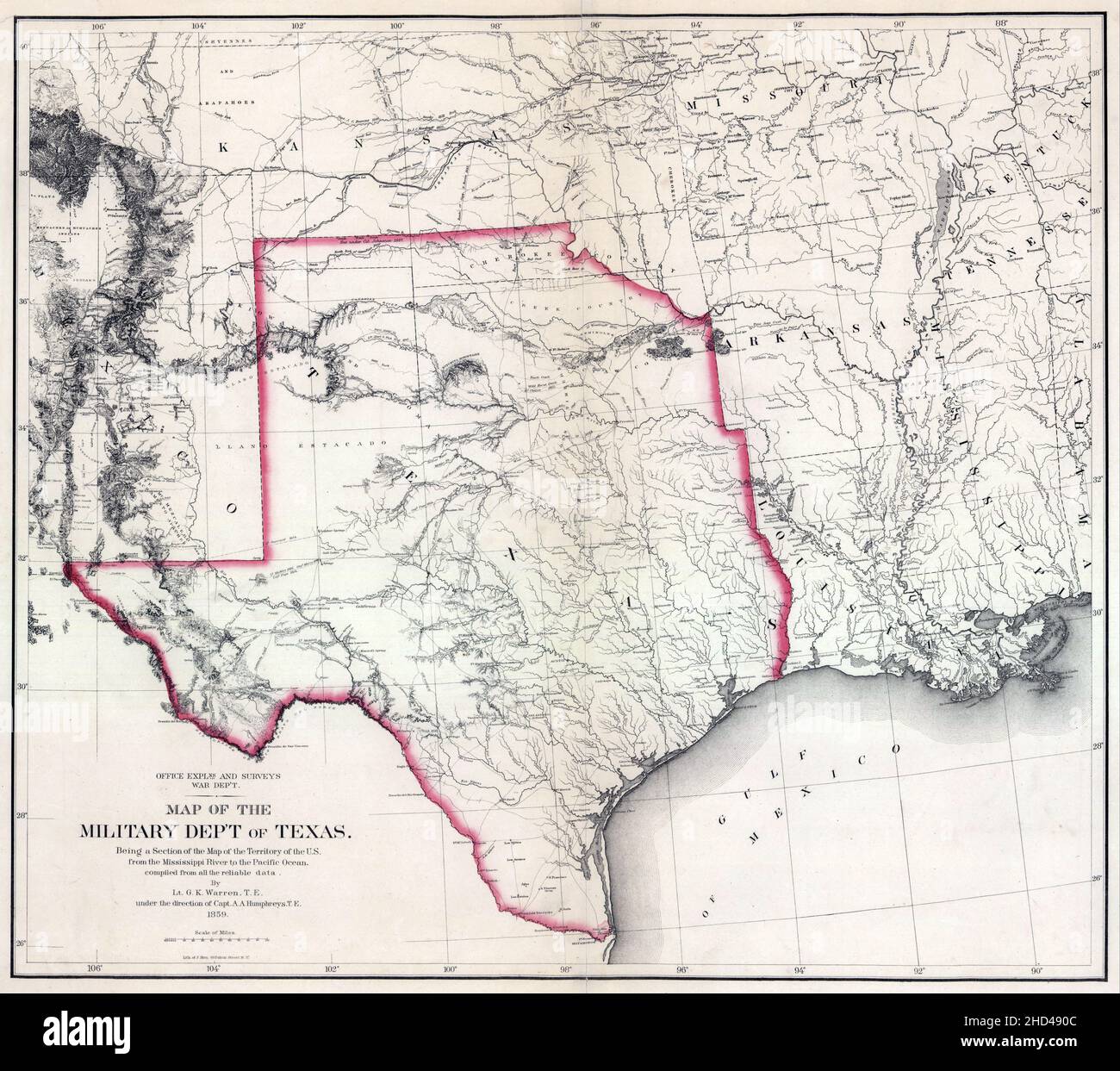 Eine alte Karte des Militärministeriums von Texas, die mit blauen Linien getrennt ist Stockfoto