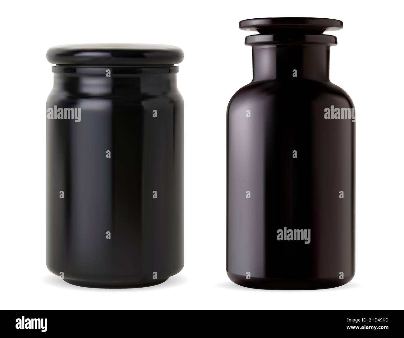 Flasche aus schwarzem Glas für Apotheker. Bade-Salzglas, glänzender Vintage-Kolben. Aroma Kerze runde Behälter mockup. Retro-Labor-Fläschchen, elegante Ergänzung. ba Stock Vektor