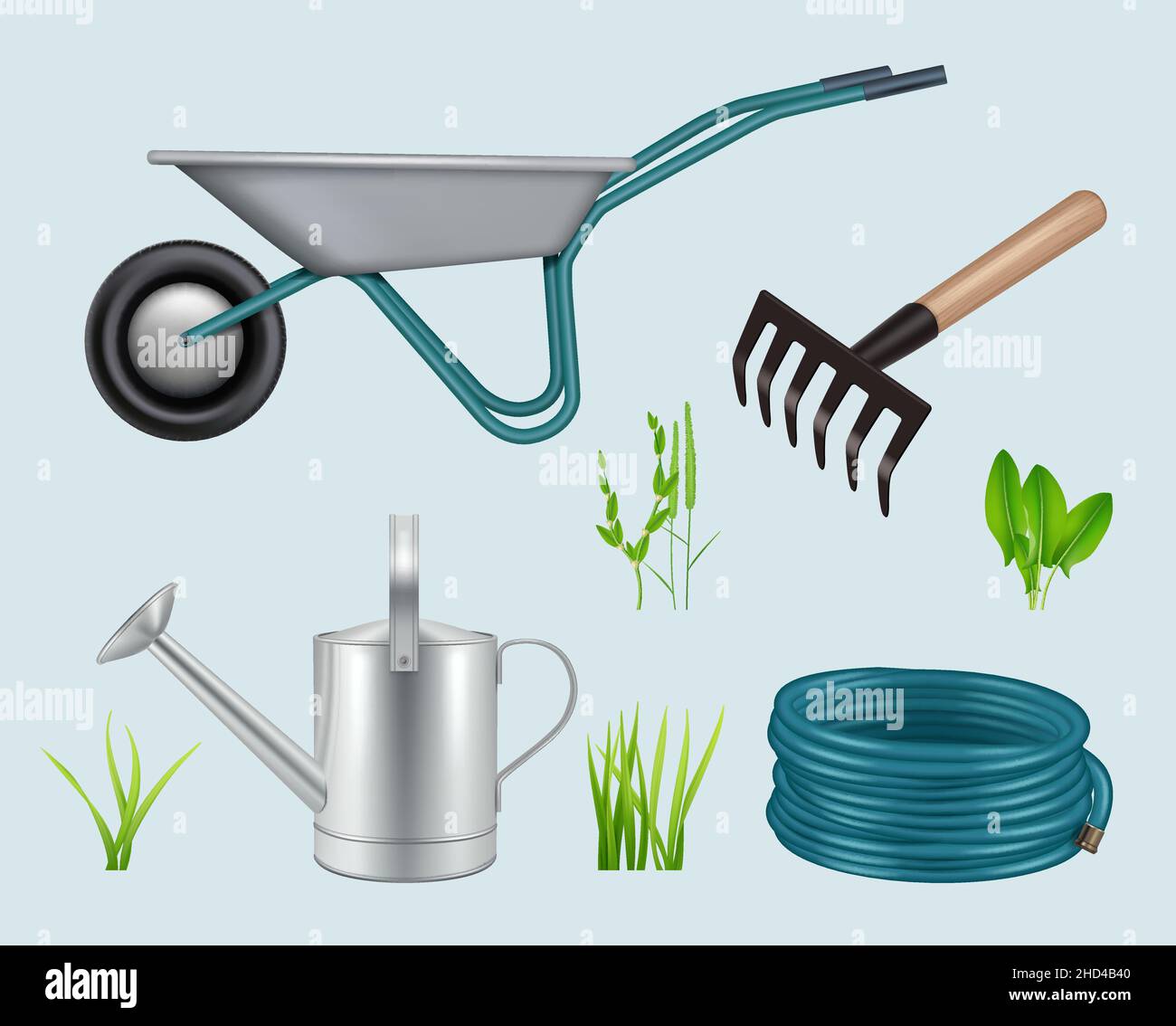 Gartenning realistisch. Werkzeuge für die Pflege von grünem Gras wachsenden Pflanzen Artikel Gummi Handschuh Schaufel Wagen anständige Vektor-Illustrationen auf weiß isoliert gesetzt Stock Vektor