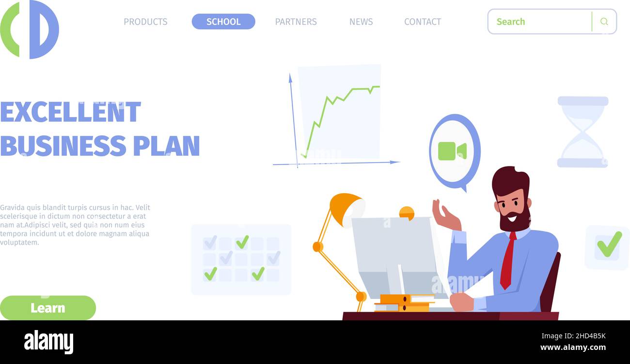 Geschäftsanflug. Beschäftigter Charakter sitzt am Arbeitsplatz mit Laptop oder pc-Monitor auf Tisch grellen Vektor-Web-Seite Vorlage Stock Vektor