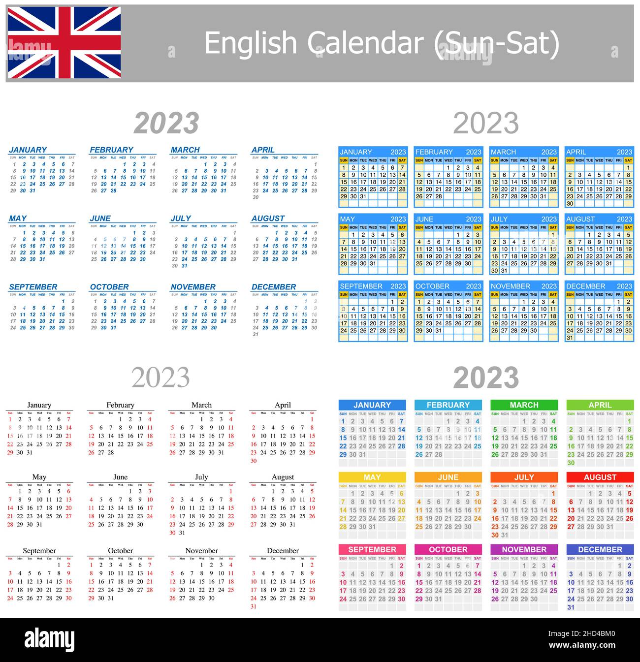 2023 englischer Mix Kalender Sun-Sat auf weißem Hintergrund Stock Vektor