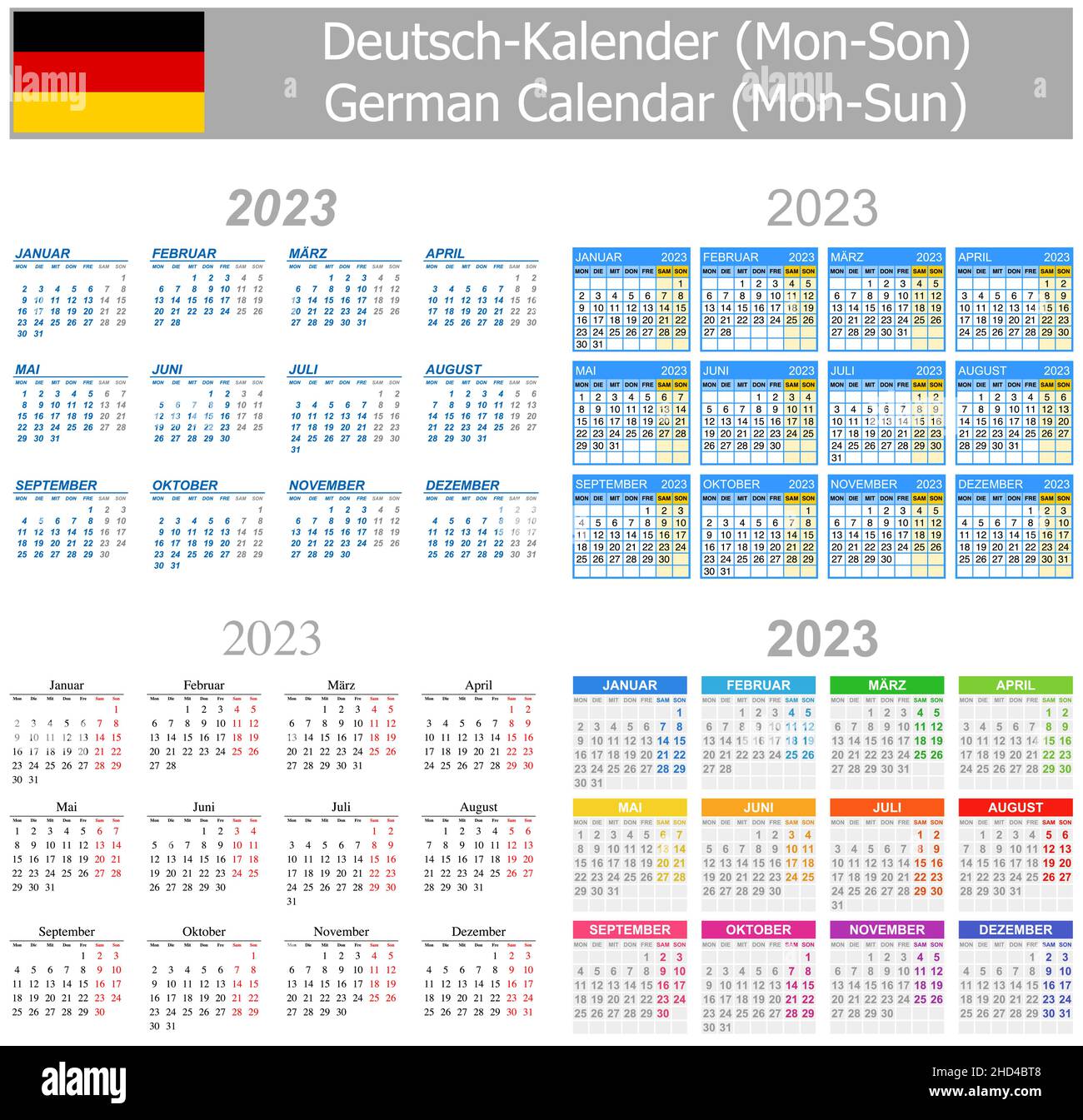 2023 Deutscher Mischkalender Mo-so auf weißem Hintergrund Stock Vektor