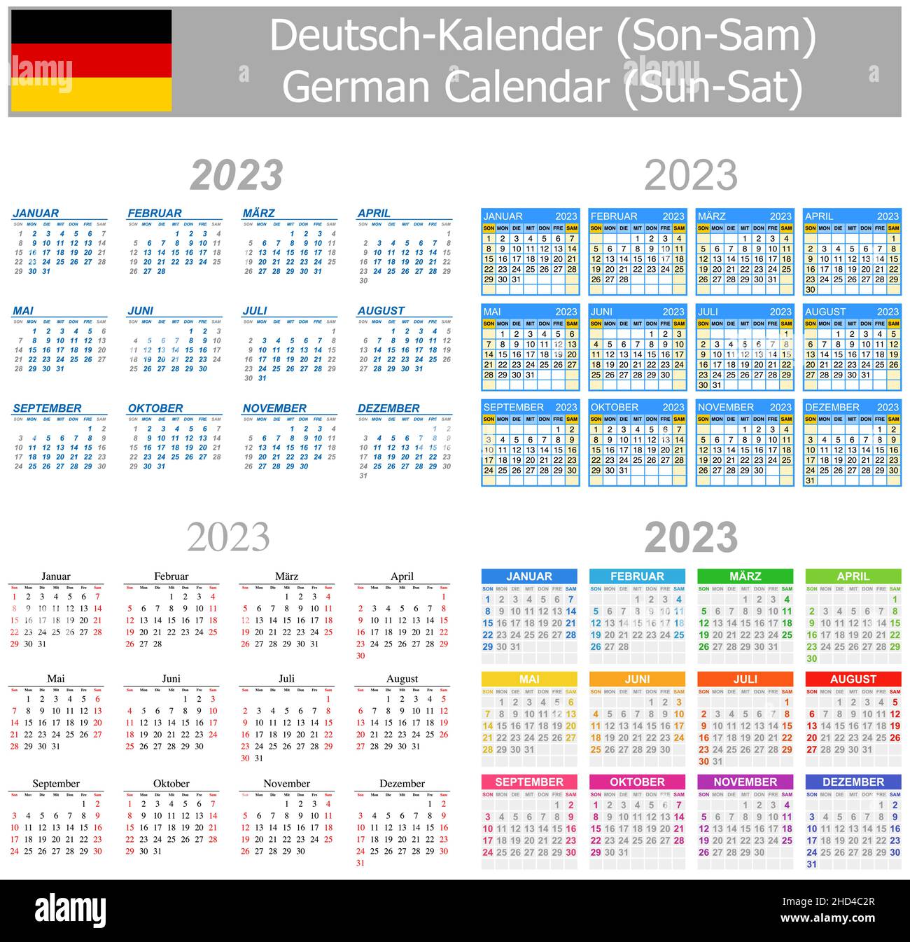 2023 Deutscher Mischkalender so-Sa auf weißem Hintergrund Stock Vektor