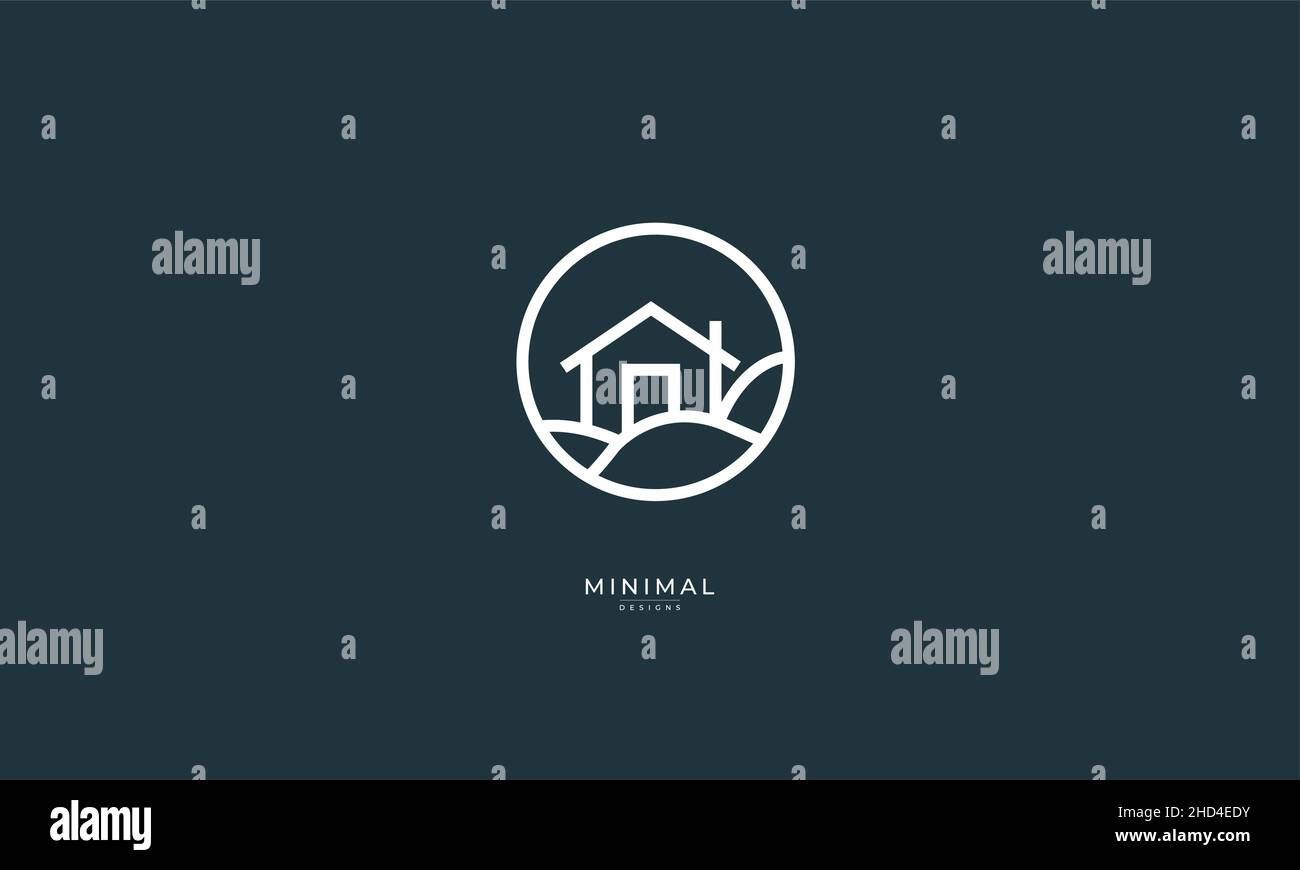 Ein Linienkunst-Ikonen-Logo eines Hauses, Heimat auf Feldern Stock Vektor