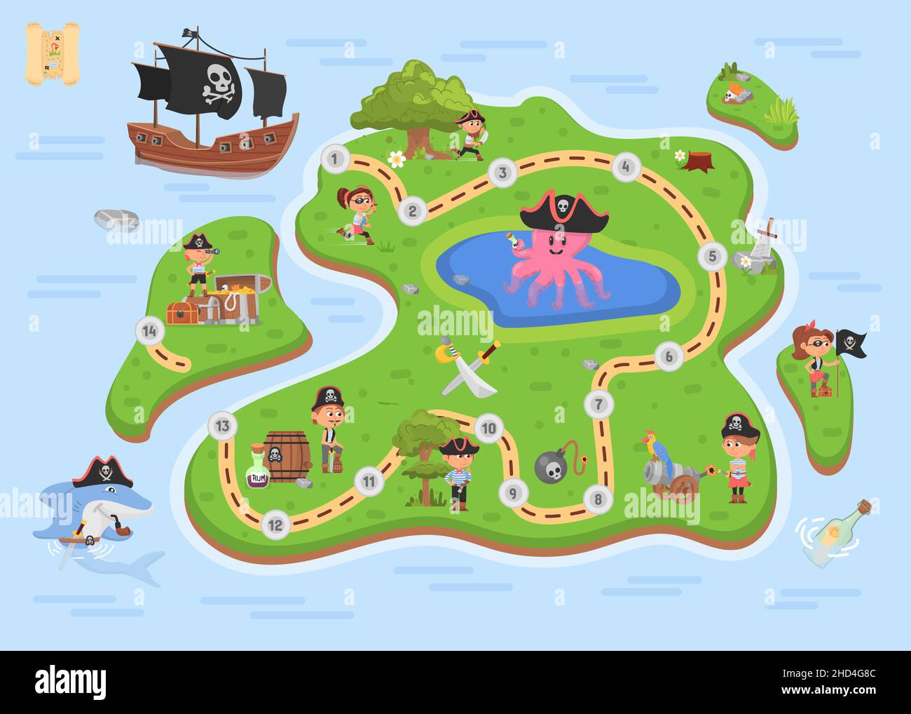 Piratenspiel-Karte. Pirates Attraction, Bordpapier Reisekarten. Ocean Island of Treasure, Schritt für Schritt spielen für Kinder. Kinder Puzzle mit Ebenen anständig Stock Vektor