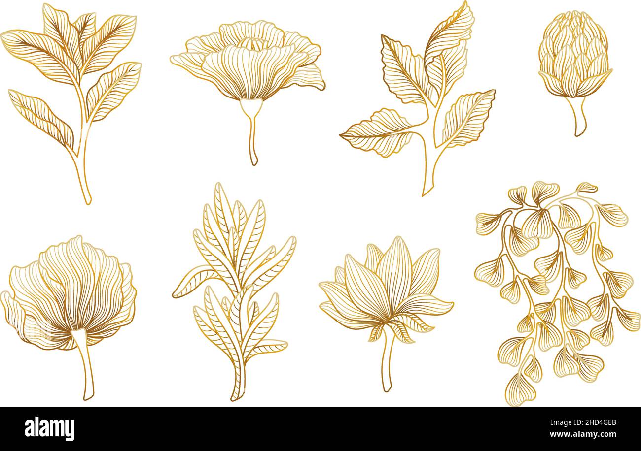 Goldene Linien Blumen. Gold botanische japanische Blume, asiatische Zweige. Florale Luxus-Elemente, Einzigartigkeit Natur Kunst Lotus und Blätter. Wunderschön, swanky Stock Vektor