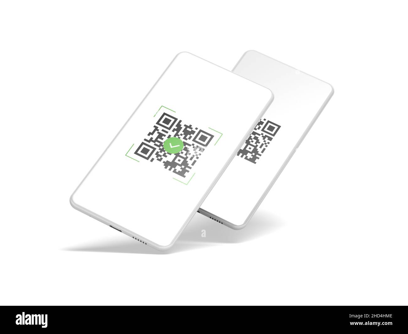 Smartphones auf weißem Hintergrund isoliert. QR-Code. Scannen. Gültig. 3D Abbildung. Stockfoto