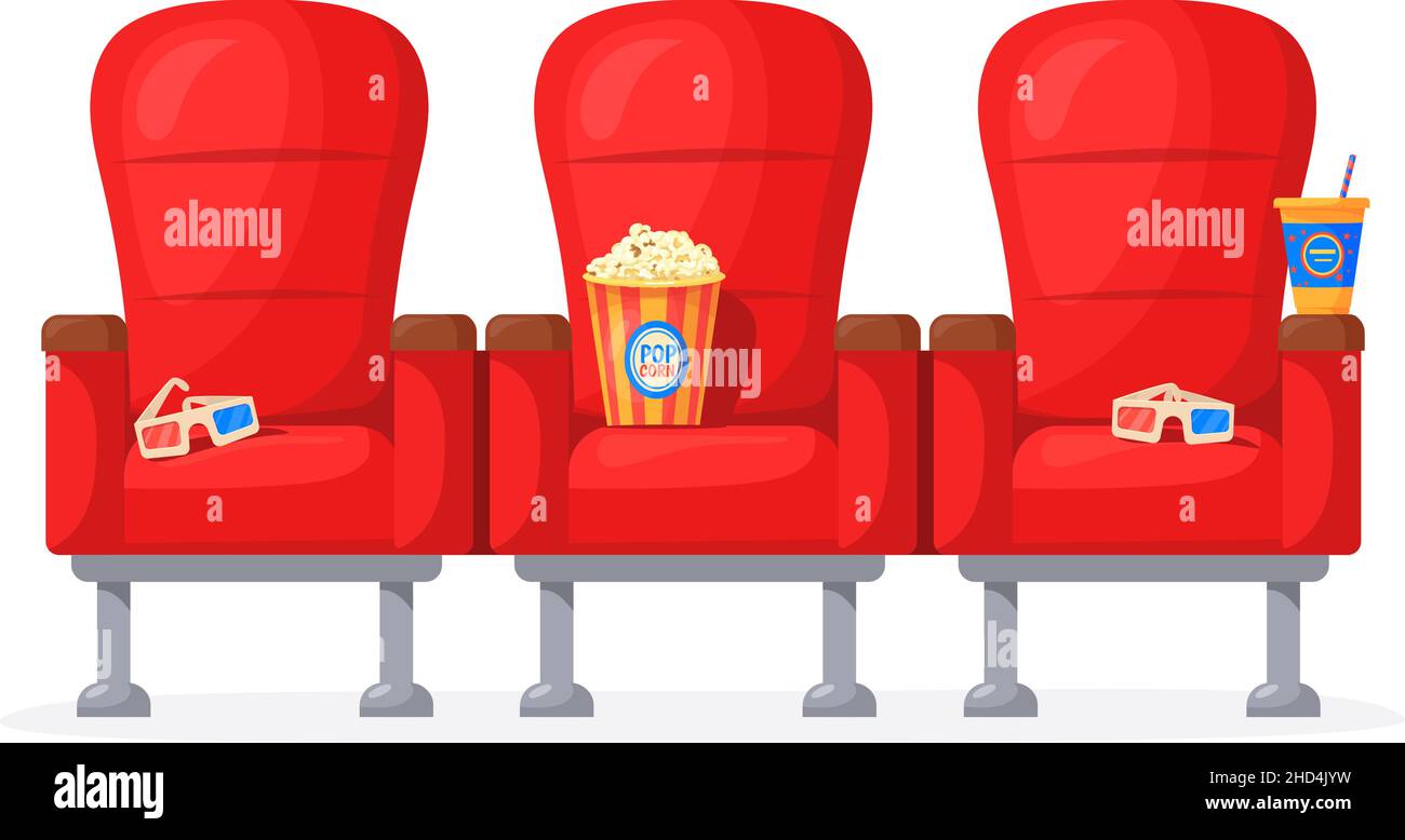Cartoon-Kinostuhl. Rote Kinosessel für bequemes Ansehen von Filmen zu Hause, Nachtbildschirm auf dem Sofa mit Popcorn 3D Gläser, Zuschauer Konzert Vektor. Abbildung der Stühle Reihe für Film Stock Vektor