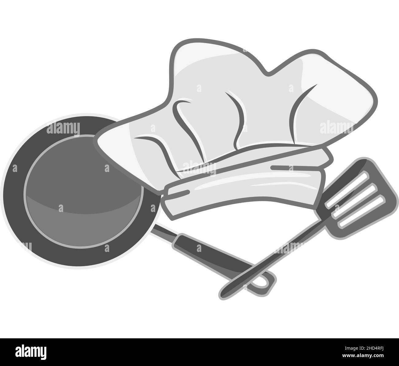 Chef-Logo auf weißem Hintergrund. Restaurant oder Bistro-Symbol mit Chefhut, Frier und Spatel. Emblem für Kochschulunterricht oder Kochkurs Stock Vektor Chef-Logo auf weißem Hintergrund. Restaurant oder Bistro-Symbol mit Chefhut, Frier und Spatel. Emblem für Kochschulunterricht oder Kochkurs Stock Vektor