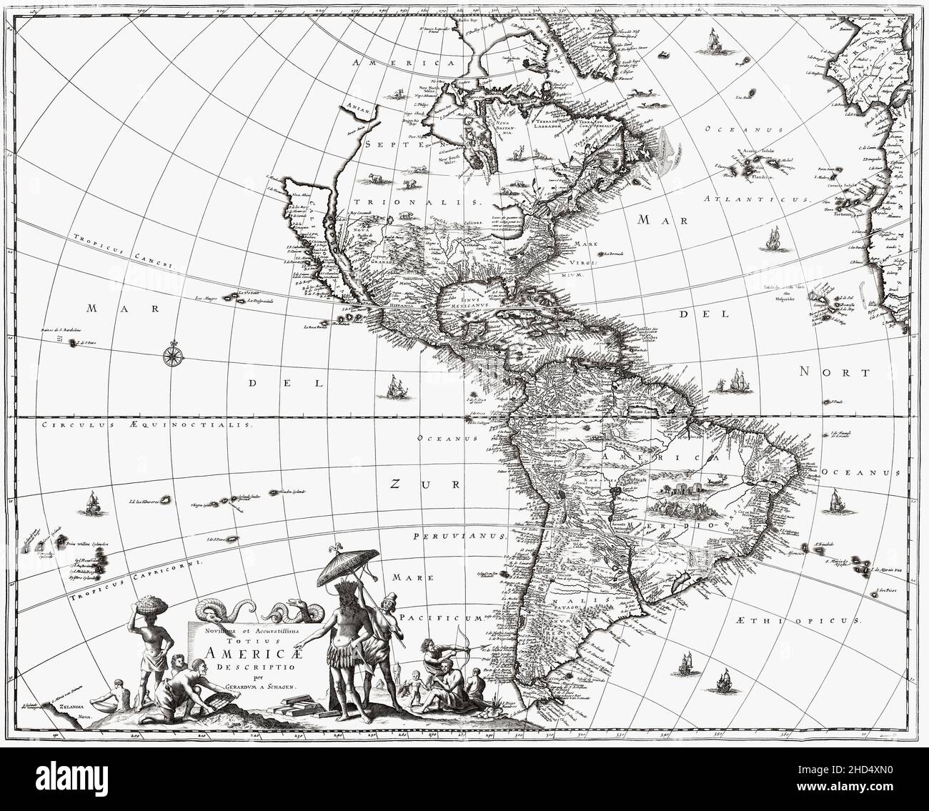 Nach einer Karte von 1671 Amerika des niederländischen Kartographen Gerard van Schagen. Es zeigt Kalifornien als Insel. Ihr voller Name lautet Novissima et Accuratissima Totius Americae Descriptio. Stockfoto