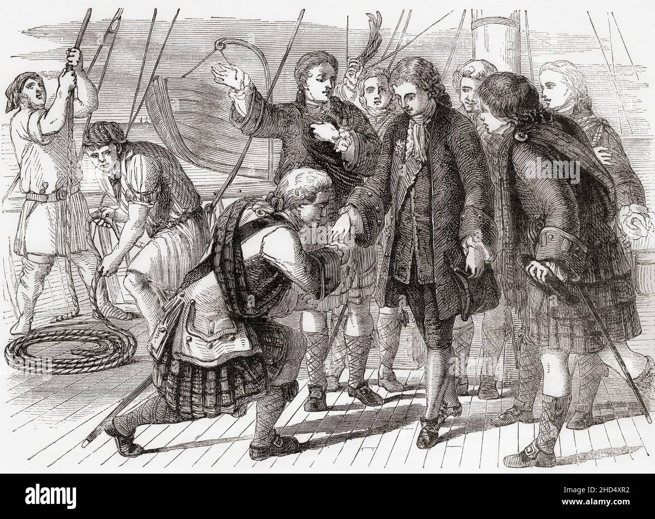 Der junge Moidart kniet, schwor Prinz Charles Stuart an Bord der Du Teillay, 1745. Charles Edward Louis John Casimir Sylvester Severino Maria Stuart, 1720 – 1788. Ältester Sohn von James Francis Edward Stuart und Stuart beanspruchen nach 1766 als 'Charles III', alias The Young Pretender, The Young Chevalier und Bonnie Prince Charlie, den Thron Großbritanniens. Aus Cassells Illustrated History of England, veröffentlicht um 1890. Stockfoto