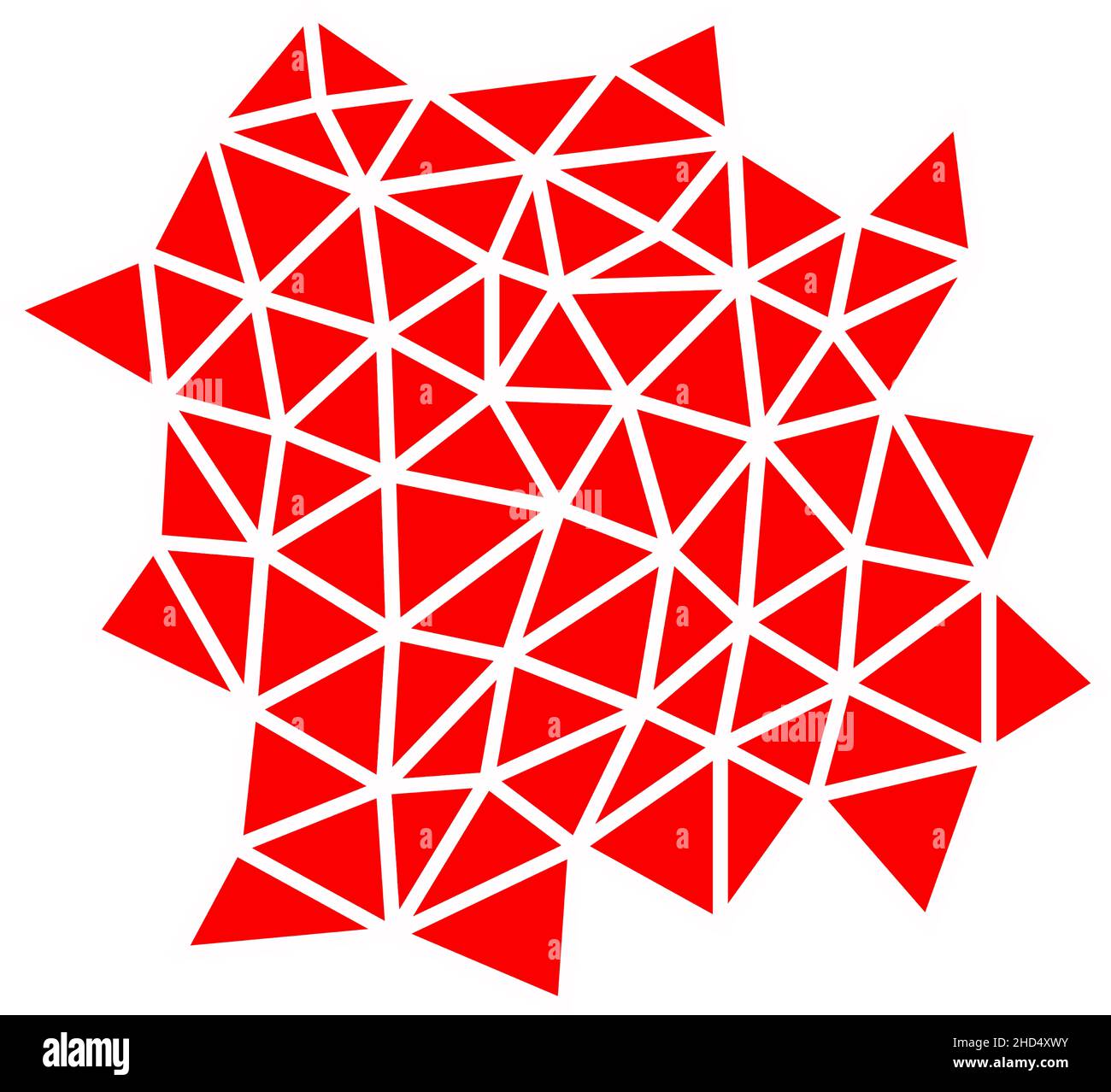 Abstrakter Hintergrund in Rot. Geometrische Formen in Form eines Spinnennetzes, karmesinrot. Es gibt viele Dreiecke in einer ungeordneten Anordnung. Rasterdarstellung. Stockfoto