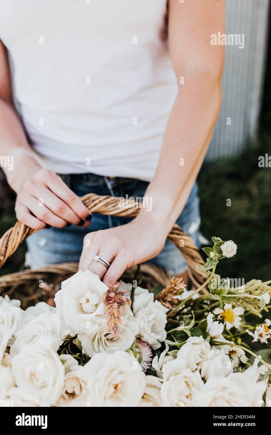 Weiße Frau reicht die Hand in den Blumenkorb Stockfoto