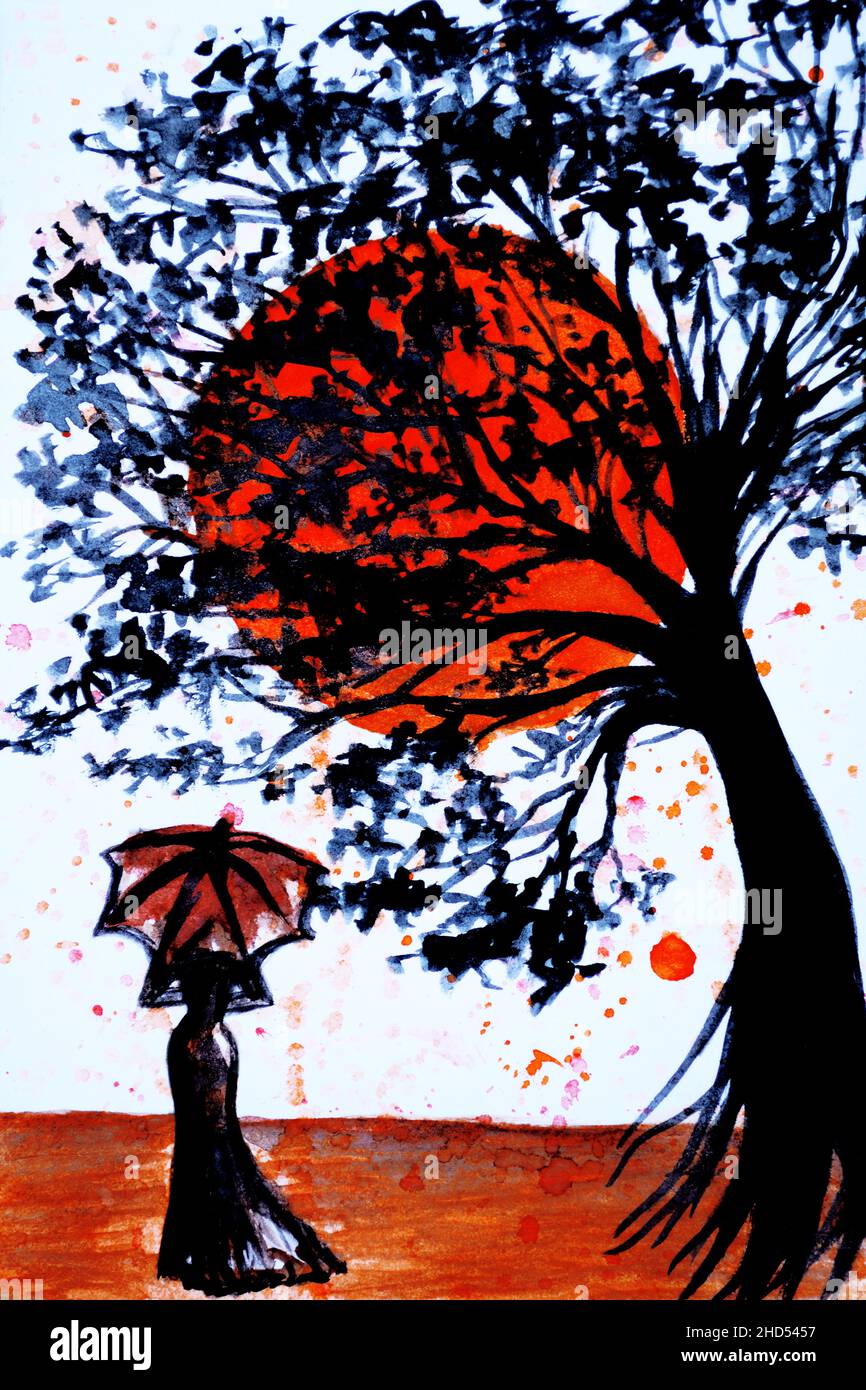 Frau Mit Regenschirm Aquarell Illustration Stockfoto