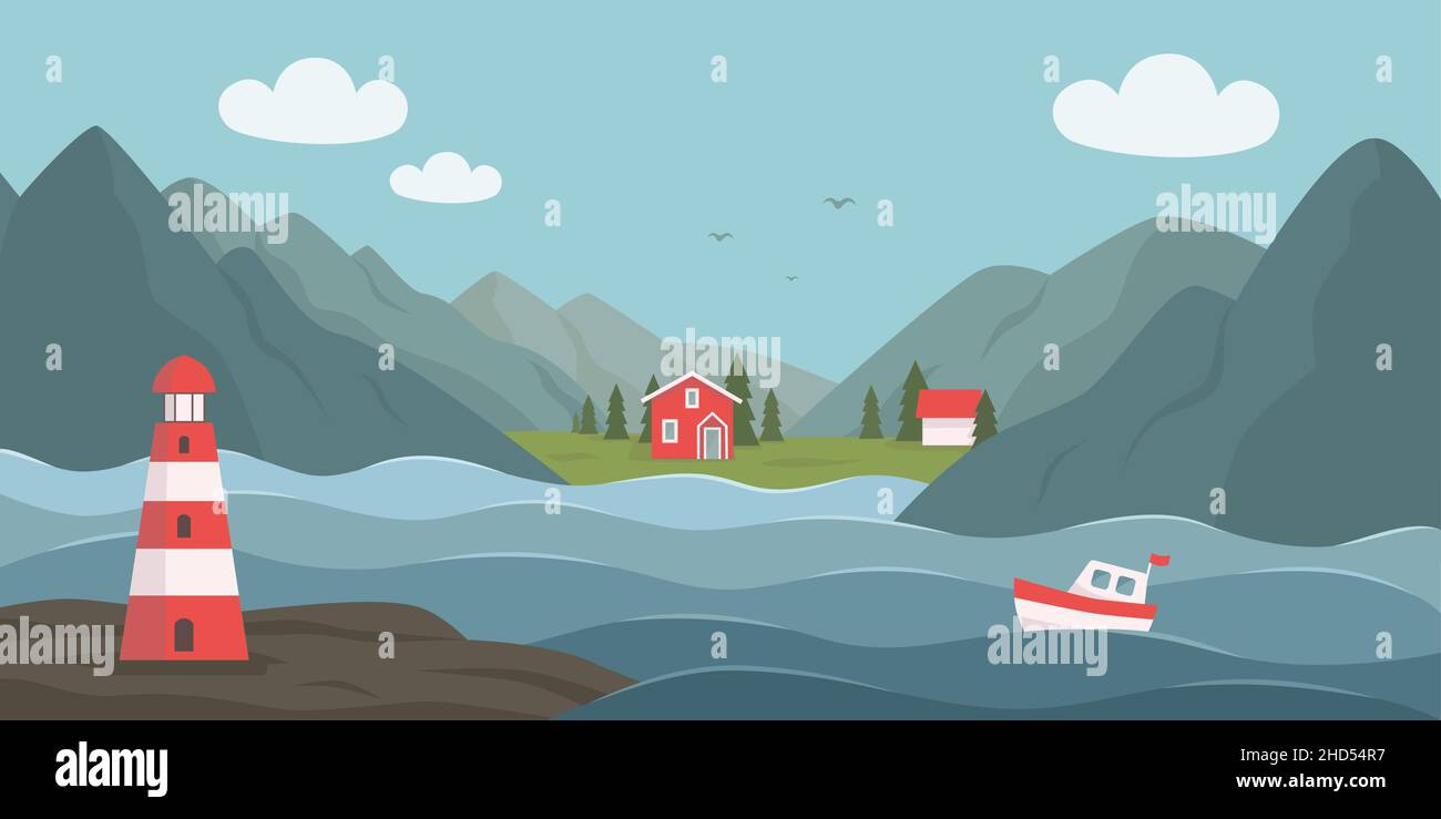 Norwegische Landschaft in Nordeuropa. Vektorgrafik. Natur im Freien. Stock Vektor