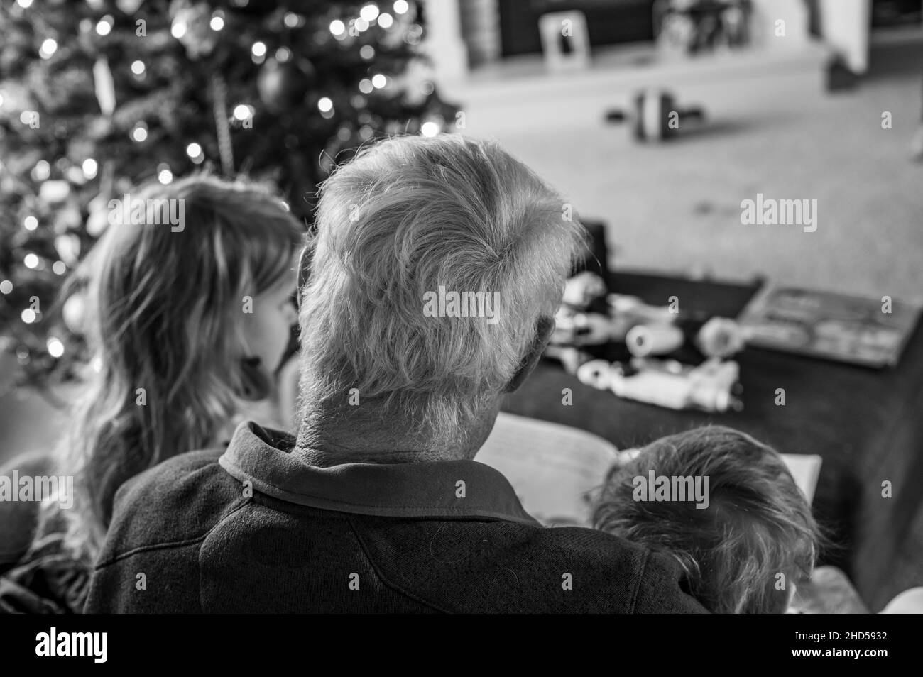 Opa liest zwei Enkeln, die auf seinem Schoß sitzen, ein Geschichtenbuch vor Stockfoto
