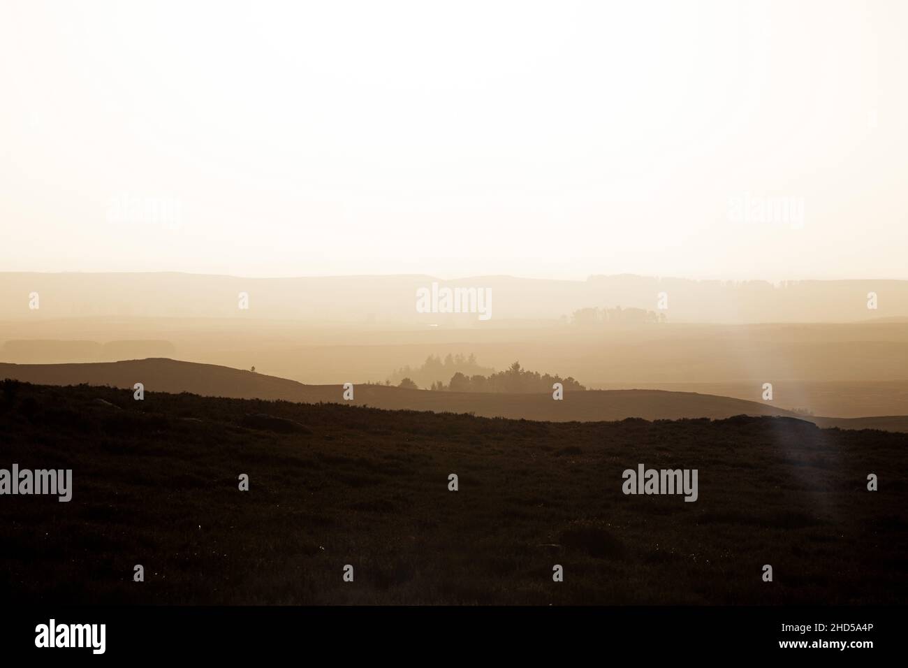 Ein goldener Himmel über den Simonside Hills in Northumberland, England. Simonside ist Teil der Cheviot Hills und liegt im Northumberland National Park. Stockfoto