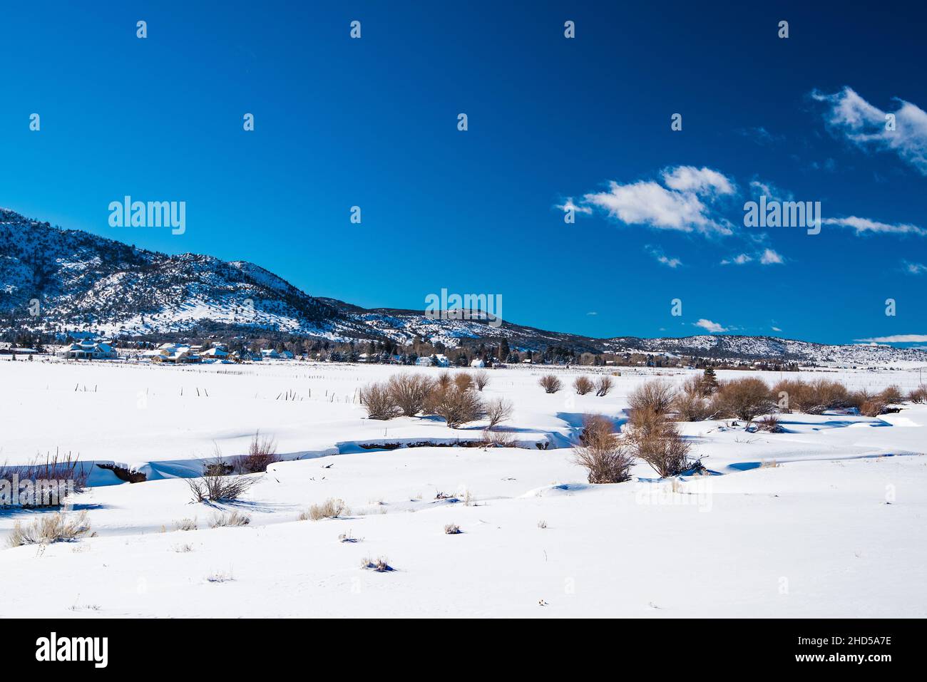Das schneebedeckte Tal und die Berge von Pine Valley, Utah, USA. Dieses malerische Tal liegt nur wenige Kilometer von der heißen roten Felsenwüste im Süden von UT entfernt. Stockfoto