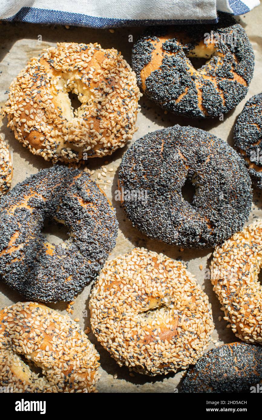 Frisch gebackene Sesam- und Mohn-Bagels. Draufsicht. Stockfoto