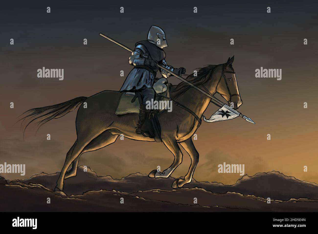 Darstellung von Ritterreitern auf dem Pferd am dunklen Sonnenuntergang. Stockfoto