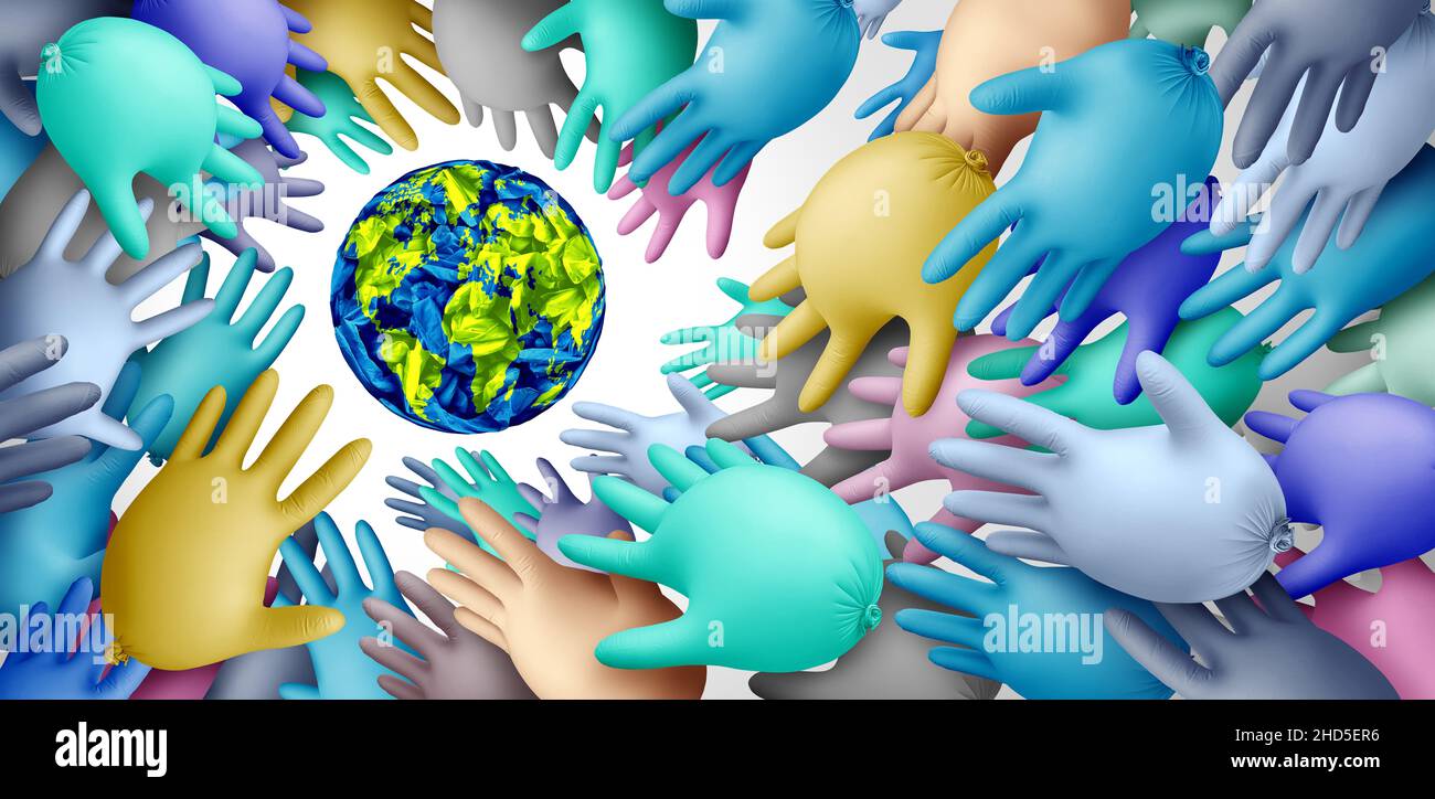 World Health Care und globales Gesundheitskonzept als Symbol für medizinische Partnerschaft und Vielfalt, da sich verschiedene Ballon-OP-Handschuhe zusammenfügen. Stockfoto