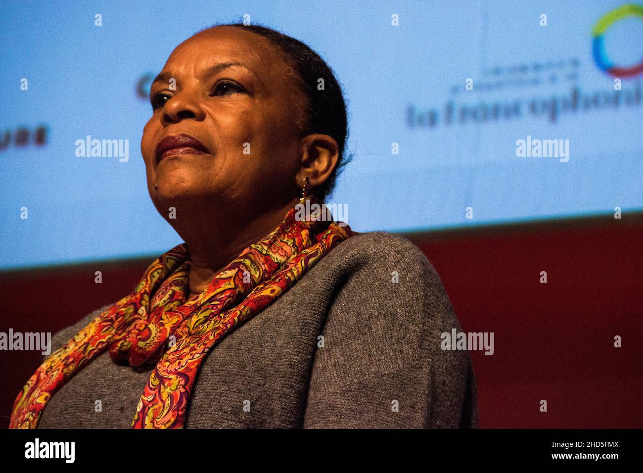 Christiane Marie Taubira ist eine französische Politikerin, die von 2012 bis 2016 unter Präsident François Hollande als Justizministerin Frankreichs in der Regierung von Premierminister Jean-Marc Ayrault fungierte. Frankreich. Stockfoto