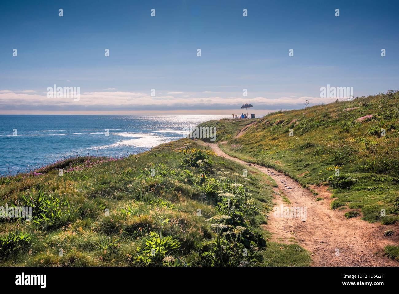 Abendlicht über dem Küstenpfad auf Towan Head in Newquay in Cornwall. Stockfoto