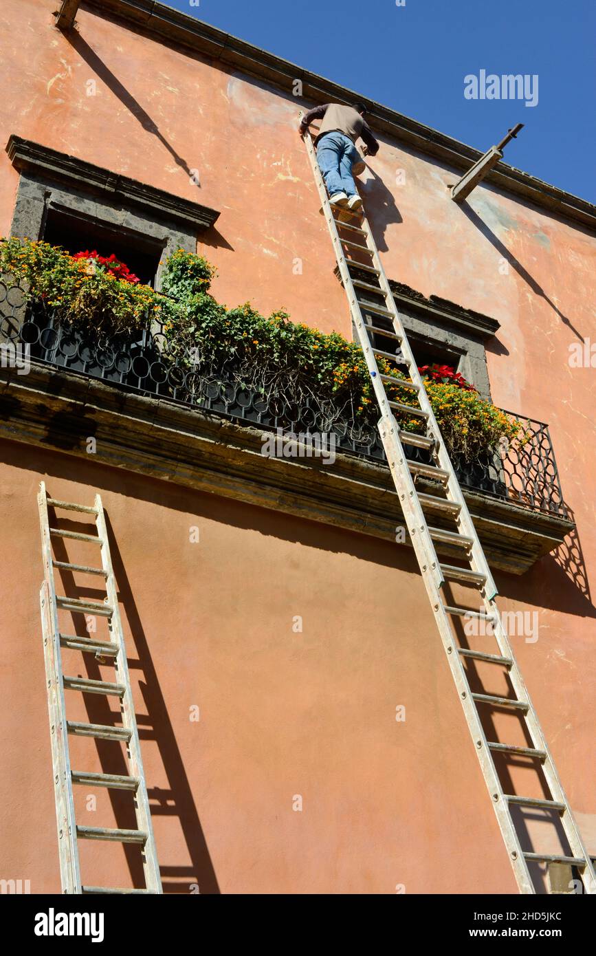 Ein Mann auf einer sehr hohen Leiter malt hoch über dem Boden, um ein Gebäude mit einem Blumenbalkon in San Miguel de Allende, Mexiko, zu modernisieren Stockfoto