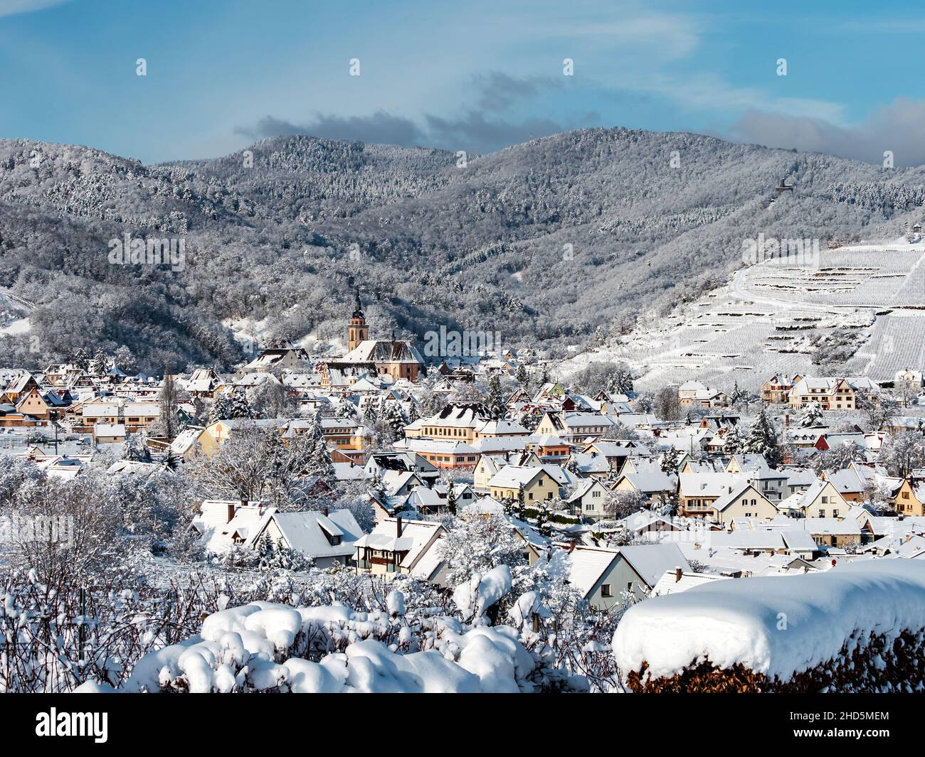 Winter's Tale. Schneebedeckte klare Lichtlandschaft des Elsass. Frankreich. Stockfoto