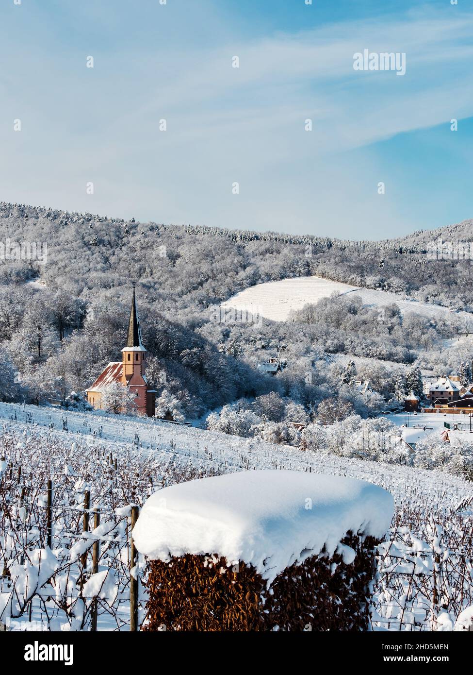 Winter's Tale. Schneebedeckte klare Lichtlandschaft des Elsass. Frankreich. Stockfoto