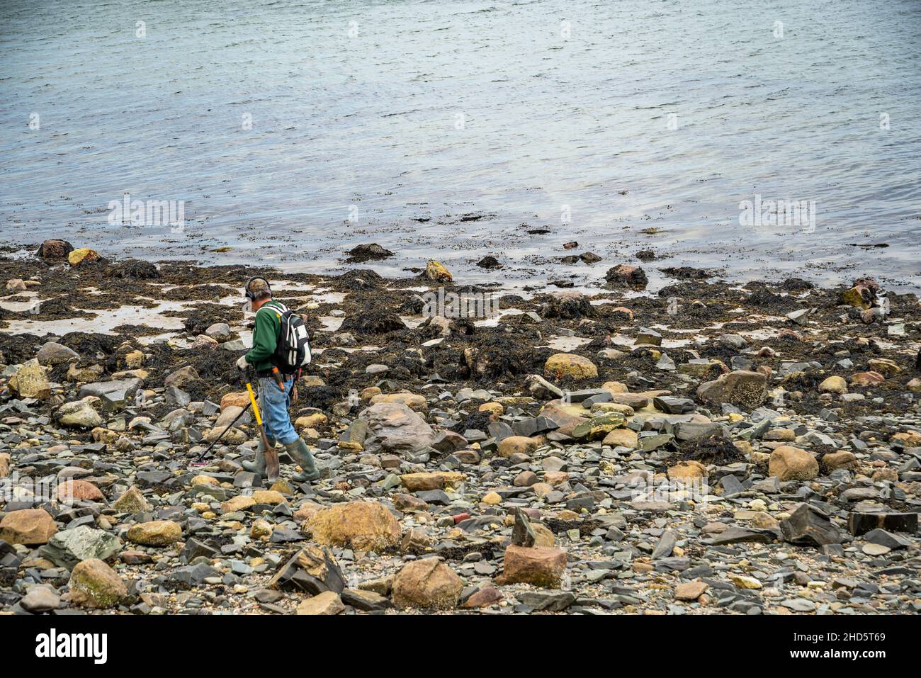 Mann mit einem Metalldetektor fegte über den Strand. Konzeptfoto der Suche oder der Suche nach Geld, Gold, Job, Metalle, Schatz, suchen, Jagen. Stockfoto