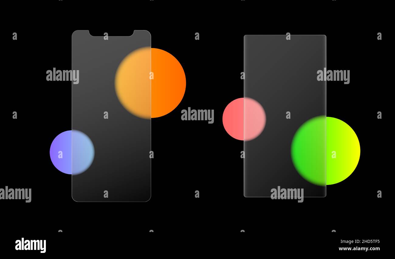 Moderner Telefonrahmen mit leerem Display. Bildschirm des Smartphones mit Glashorphismus-Effekt. Transparenter Glasschutz für Telefone. Vektorvorlage. Stock Vektor