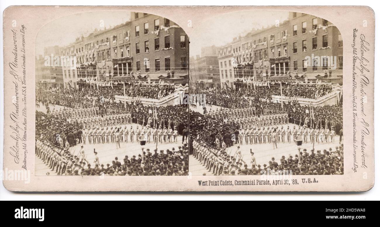 Stereosicht aus dem späten 19th. Jahrhundert, Stereokard: West Point Kadetten, Centennial Prade, April 30th 1889, USA, Stereosicht. Stockfoto