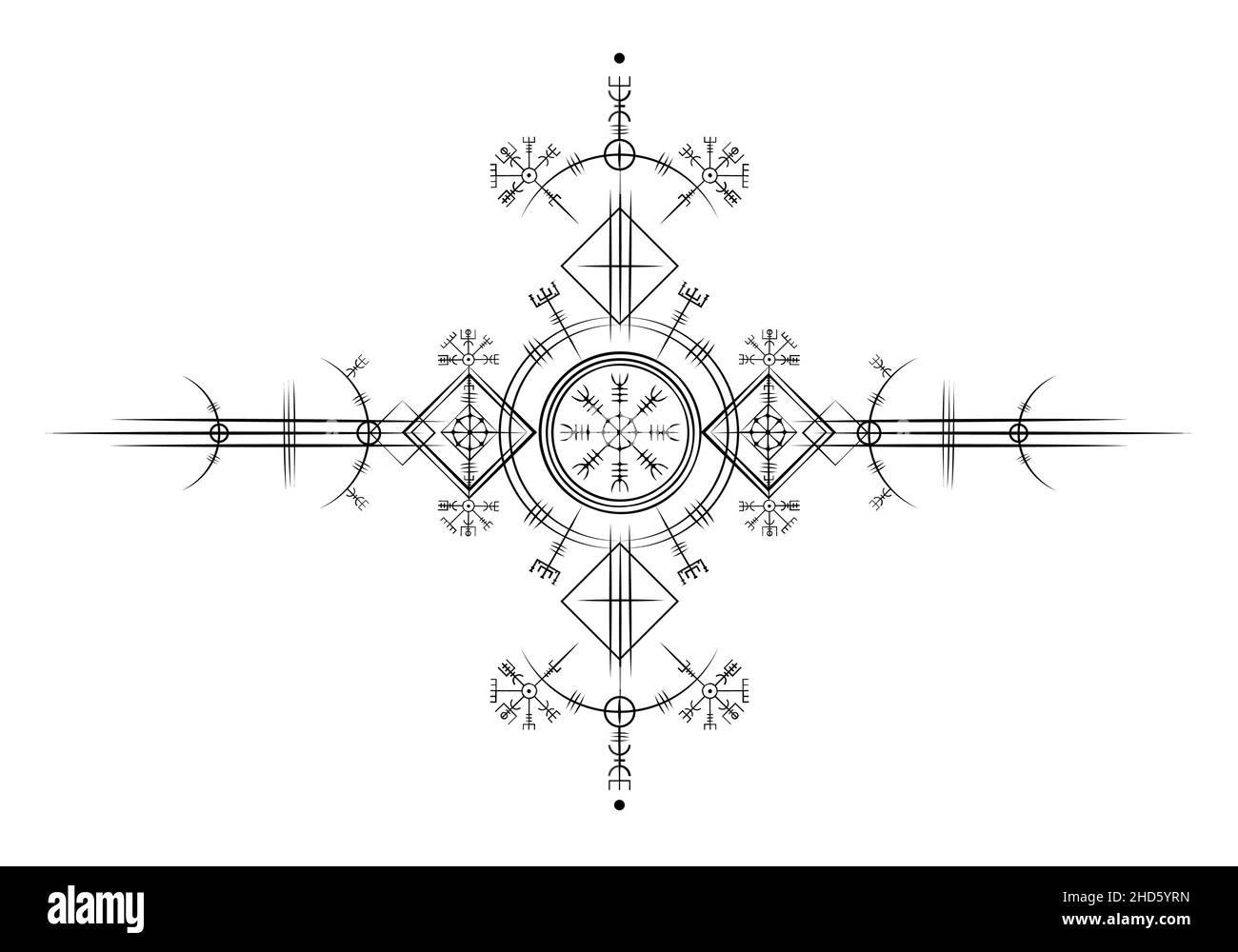 Magischer alter wikinger Art deco, Weißer Vegvisir Navigationskompass uralt. Die Wikinger verwendeten viele Symbole in Übereinstimmung mit der nordischen Mythologie, Logo-Zeichen Stock Vektor