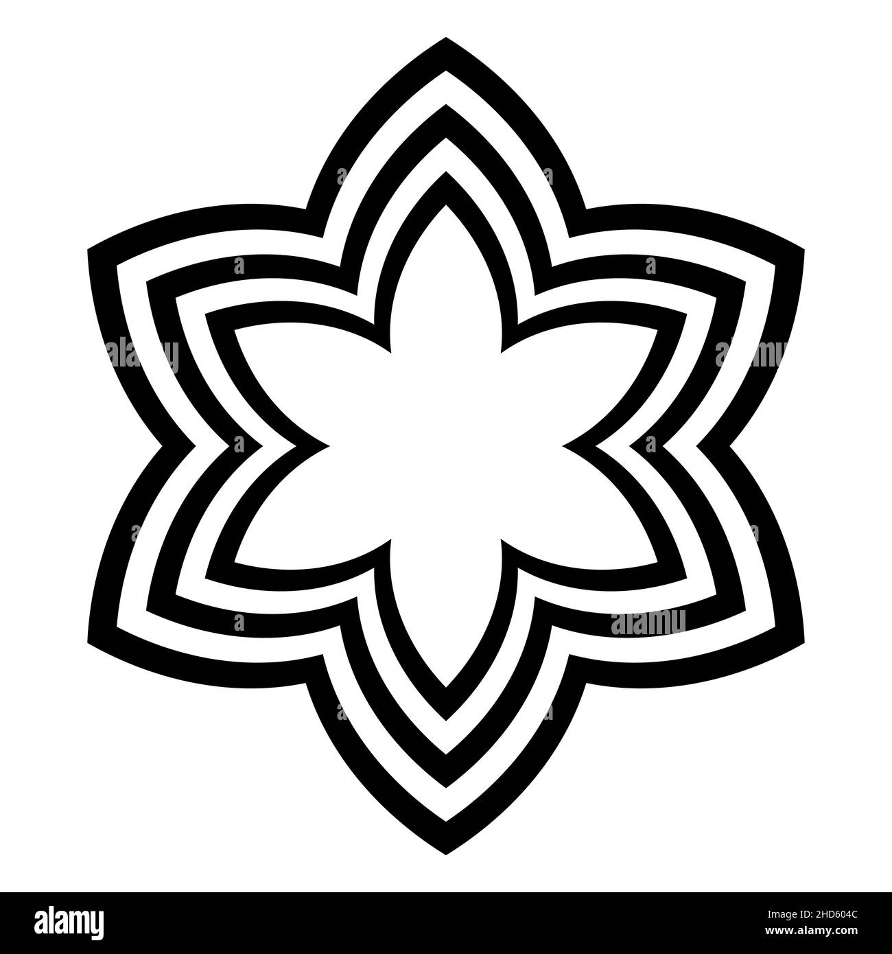 Sechszackige Sternsymbole mit gewölbten Offsetlinien. Drei kühne Linien, geschwungen wie Lanzettenbögen, bilden ein Piktogramm, in Form einer Blüte. Stockfoto
