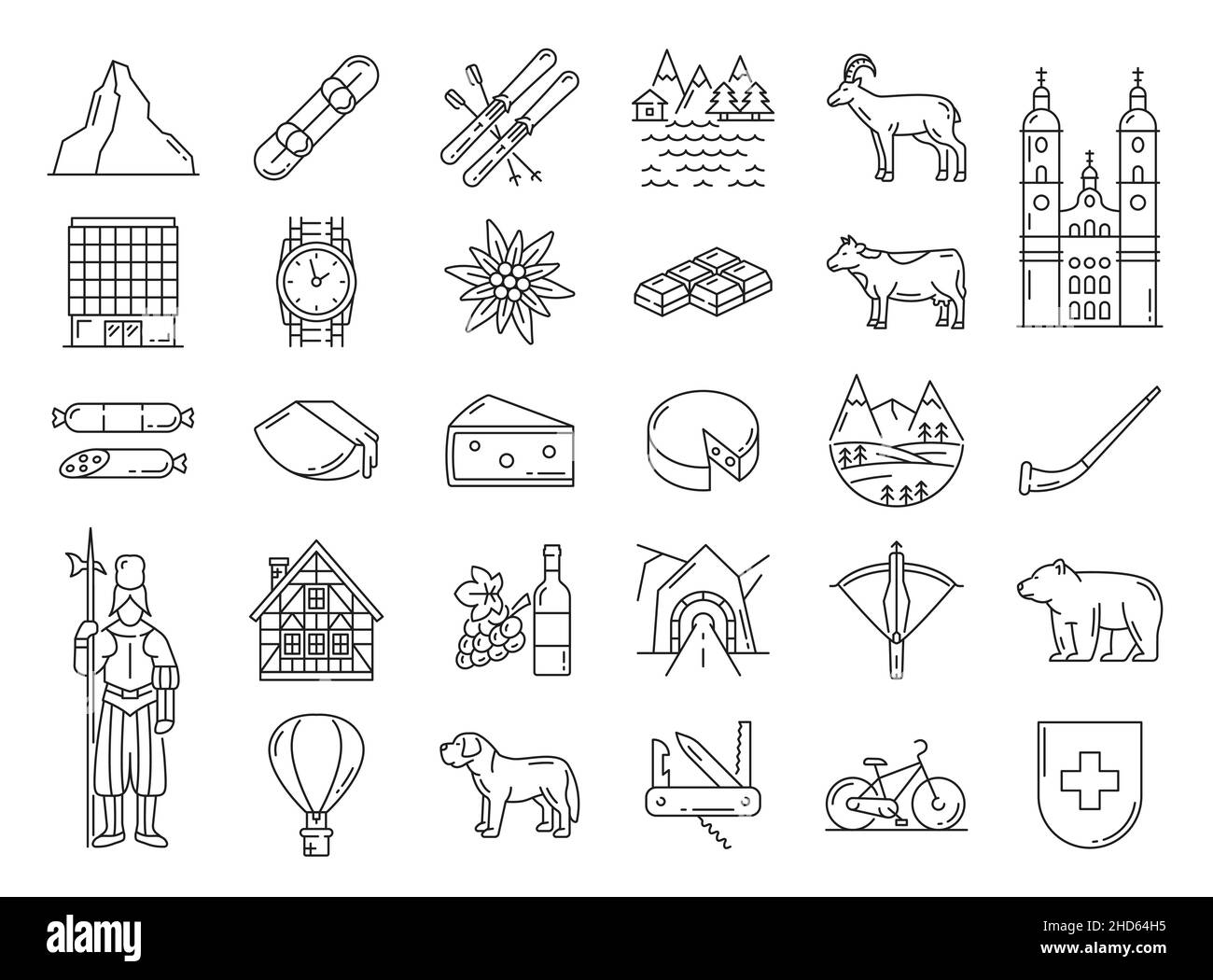 Schweiz Reise-Wahrzeichen und Schweizer nationale Symbole, Vektor-Icons. Schweiz Touristenattraktion, Sightseeing, Alpen und Käse, Milch, Bär, castl Stock Vektor