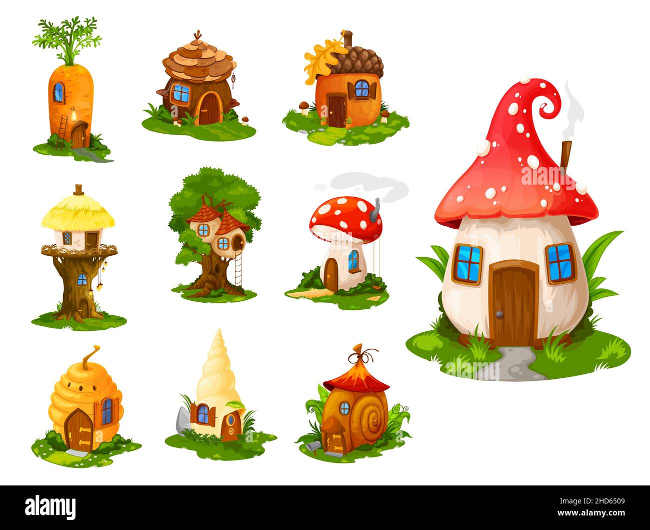 Cartoon Märchen Häuser und Wohnung. GNOME Vector Fantasy isolierte Gebäude, Pflanzen, Gemüse, Bienenstock und Baum. Feen, Meerjungfrau oder Elfen süße Häuser Stock Vektor