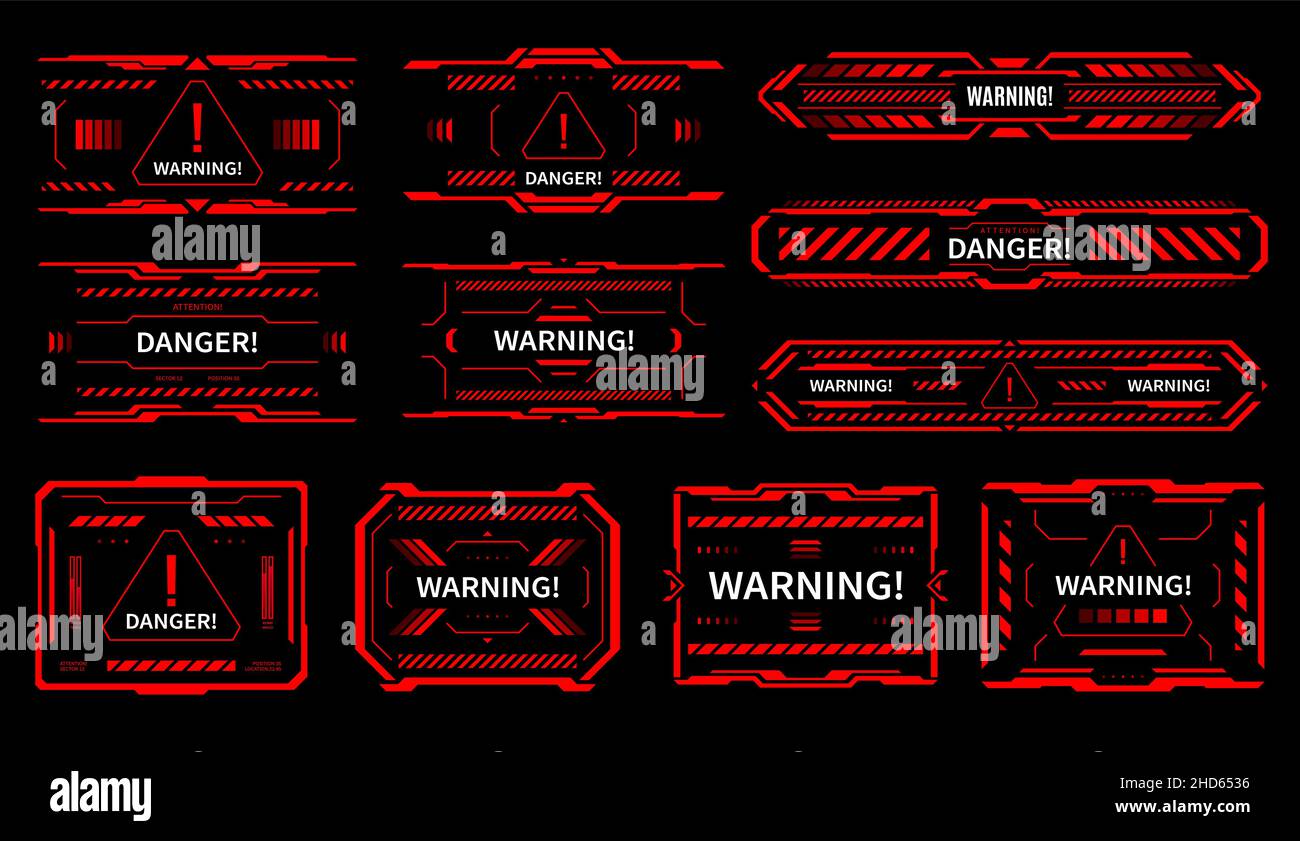 HUD-Warnhinweise und Warnhinweise rote Schnittstellenschilder. Vector Warnmeldungen und Vorsicht Textfelder von Sci FI Spiel ui oder gui, Kopf-up-Display futuristi Stock Vektor